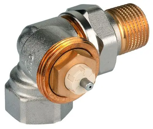 Thermostatventilkörper aus Metall mit Kupferdetails, versehen mit einem Drehregler und Anschlussgewinde. Produkt von Resideo für Heizungsanwendungen.