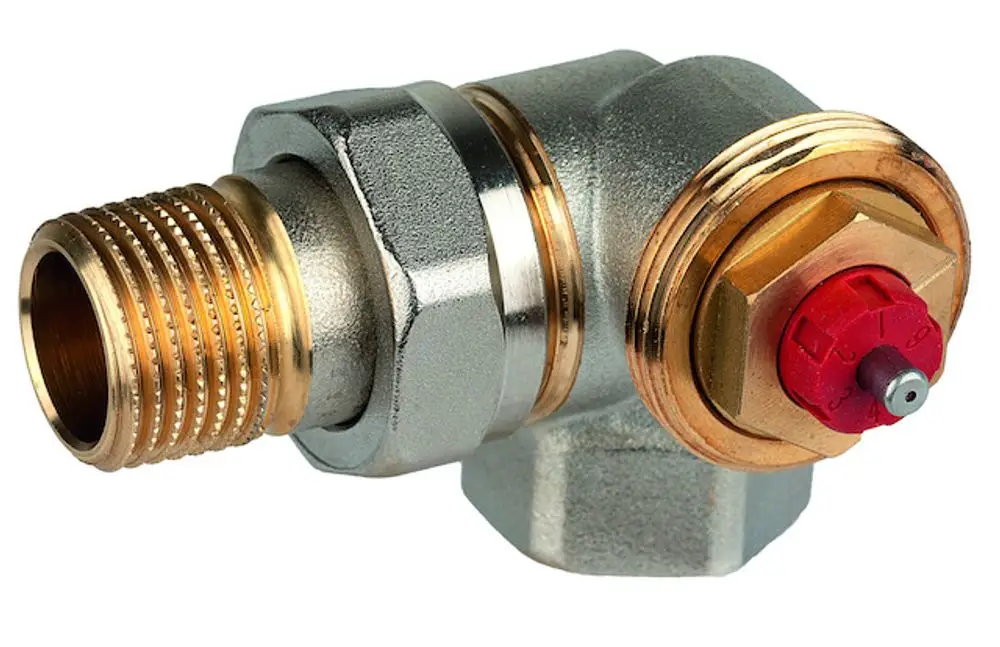 Thermostatventilkörper aus Metall mit gewindeartiger Verbindung, rotem Einstellknopf und Aussparungen, geeignet für Heizungsinstallation, Marke Resideo.