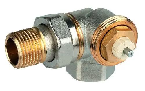 Thermostatventilkörper aus verchromtem Metall mit zwei Anschlüssen. Standardventil von Resideo für Heizsysteme, Form im rechten Winkel.