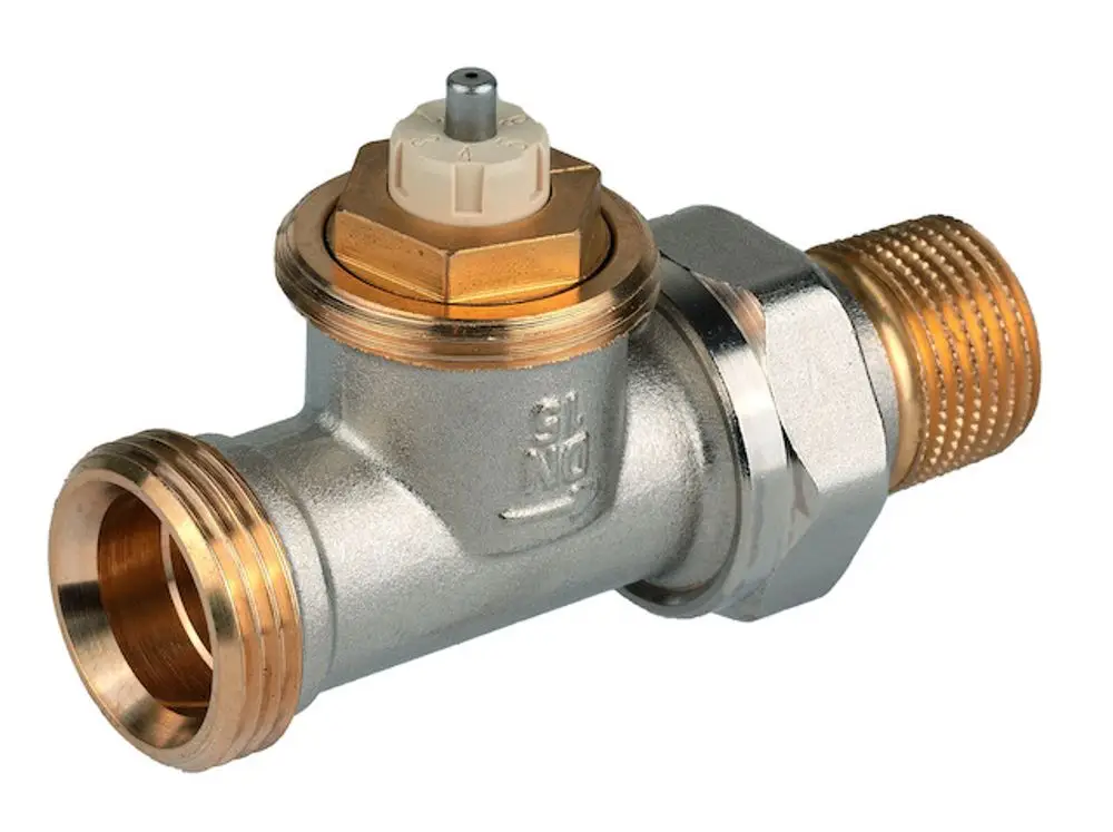 Thermostatventilkörper von Resideo mit zwei Anschlussenden. Das Produkt hat einen runden oberen Drehregler und eine Metalloberfläche.