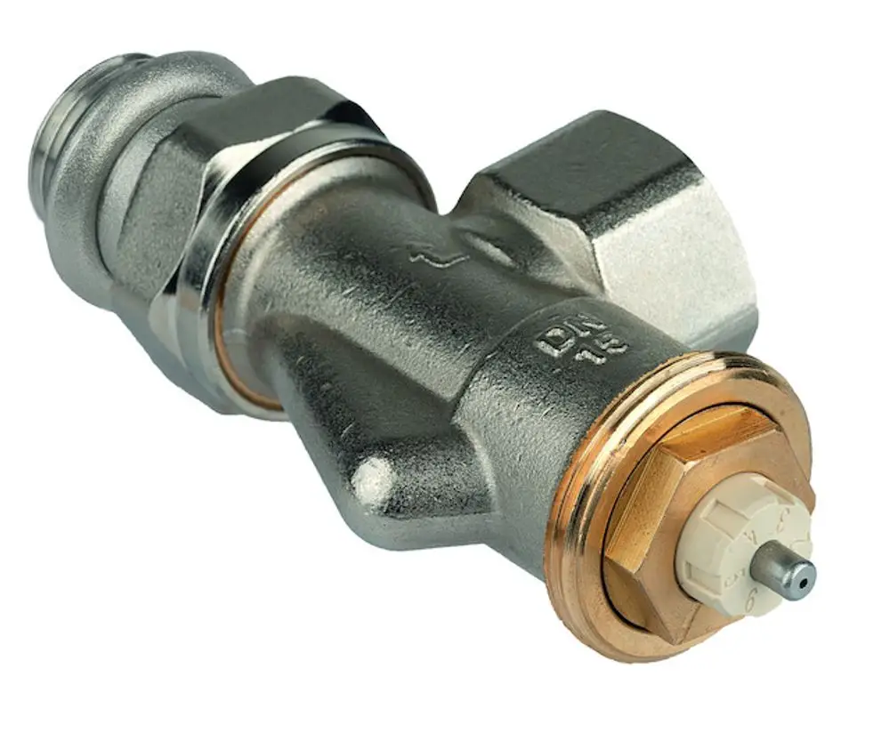 Thermostatventilkörper aus Metall mit einer axialen Anschlussform. Das Produkt ist von Resideo und zeigt eine integrierte Regelvorrichtung zur Temperaturkontrolle.