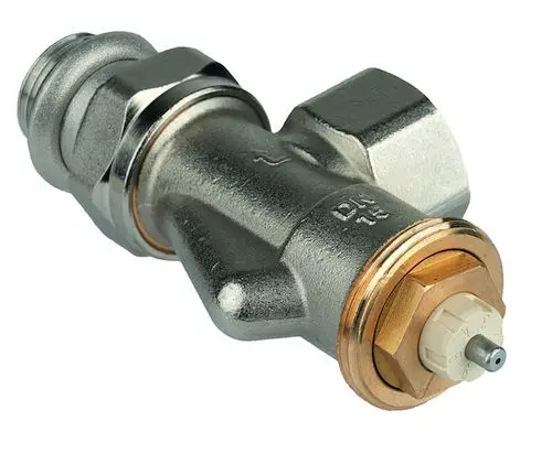 Thermostatventilkörper aus Metall mit einer axialen Anschlussform. Das Produkt ist von Resideo und zeigt eine integrierte Regelvorrichtung zur Temperaturkontrolle.