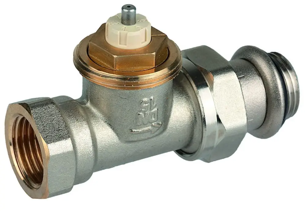 Thermostatventilkörper aus Metall, von Resideo, mit Anschlussgewinde und Einstellknopf oben, zur Regelung des Wasserdurchflusses in Heizungsanlagen.