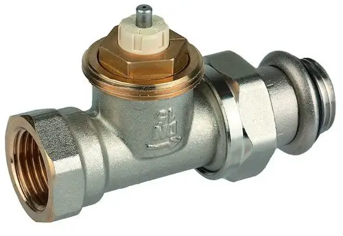 Thermostatventilkörper aus Metall, von Resideo, mit Anschlussgewinde und Einstellknopf oben, zur Regelung des Wasserdurchflusses in Heizungsanlagen.