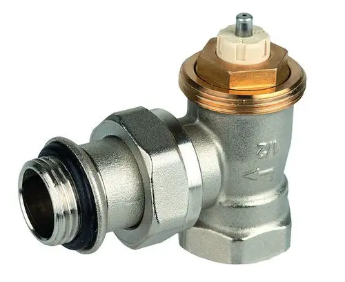 Thermostatventilkörper aus Metall mit blassem Kopf und Gewindeanschlüssen; Produkt von Resideo, geeignet für Heizungsinstallationen.