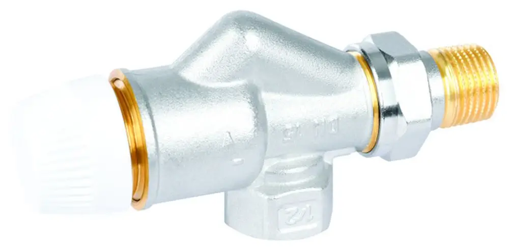 Thermostatventilkörper aus vernickeltem Messing von Resideo, mit axialer Bauform und einer Anschlussgewinde für die Installation in Heiz- oder Kühlsystemen.
