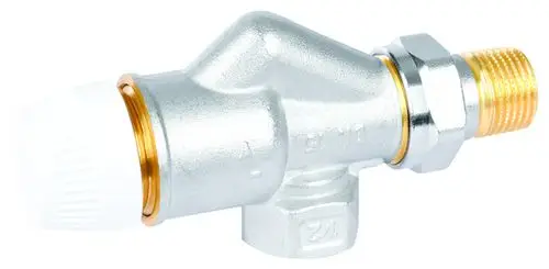 Thermostatventilkörper aus vernickeltem Messing von Resideo, mit axialer Bauform und einer Anschlussgewinde für die Installation in Heiz- oder Kühlsystemen.
