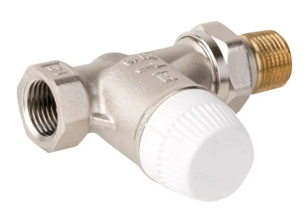 Thermostatventilkörper aus vernickeltem Messing mit Anschluss für Heizungsinstallationen. Er gehört zur Produktlinie von Resideo.