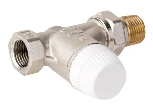 Thermostatventilkörper aus vernickeltem Messing mit Anschluss für Heizungsinstallationen. Er gehört zur Produktlinie von Resideo.