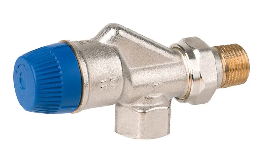 Thermostatventil aus vernickeltem Messing mit blauer Regulationseinheit, gefertigt von Resideo, zur Regelung von Heizungs- oder Kühlsystemen.