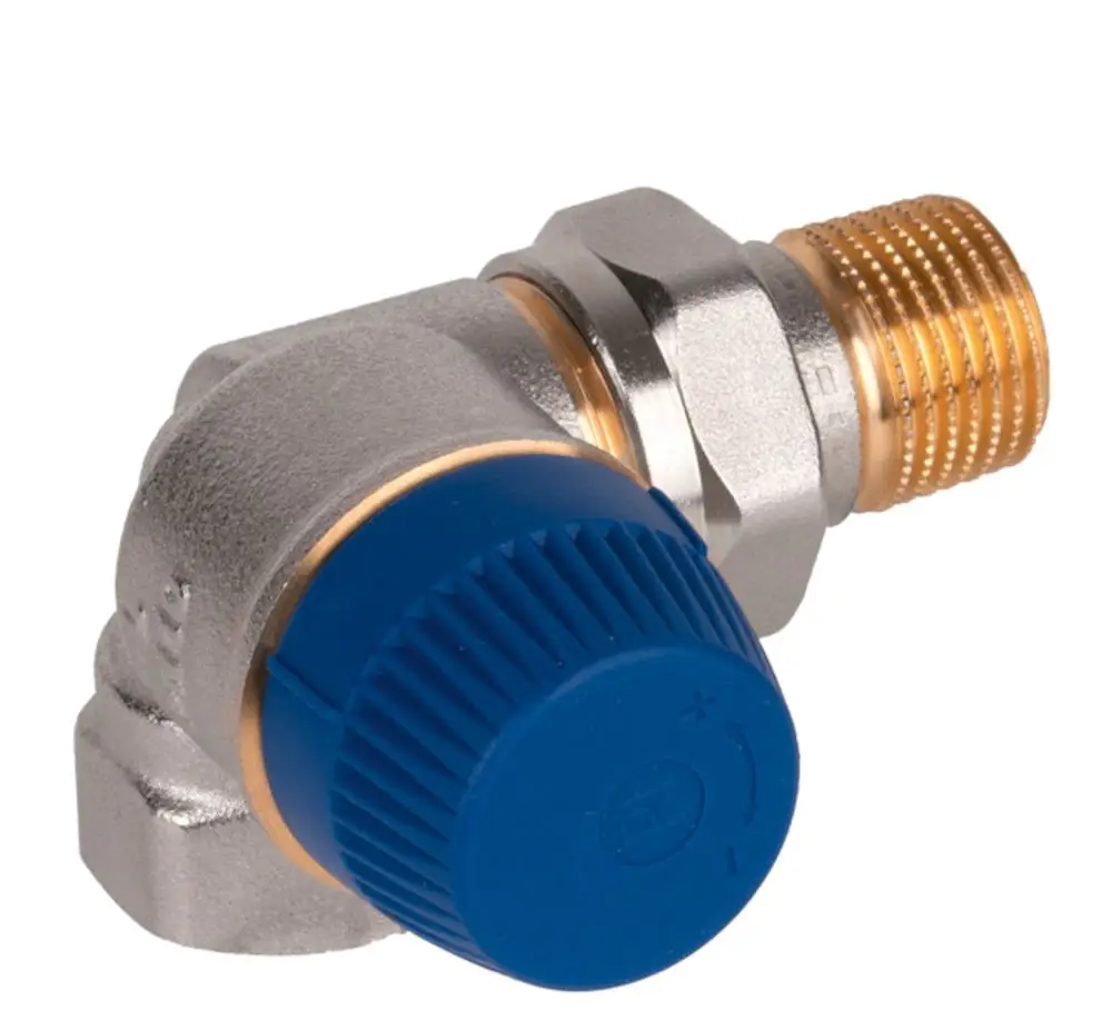 Thermostatventil in Winkelausführung mit blauen Einstellknopf von Resideo. Metallisches Gehäuse mit Gewindeanschluss. Geeignet für Heizsysteme.