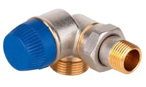 Thermostatventil in Metall mit blauer Kappe, Winkel-Design, ausgestattet mit Aussengewinde, zur Verwendung in Heizungsanlagen von Resideo.