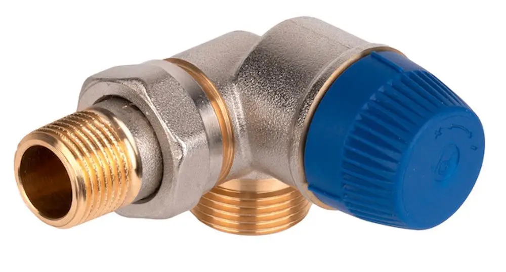 Thermostatventil mit vernickeltem Messing, in Winkel-Eck-Form, ausgestattet mit außenliegendem Gewinde. Produkt von Resideo.