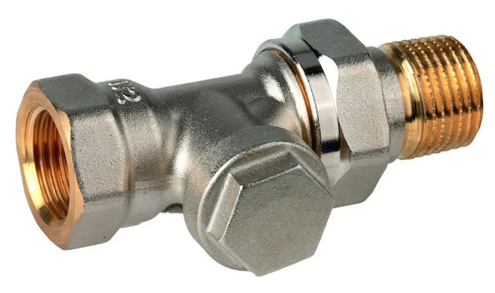 Rücklaufverschraubung aus Messing, vernickelt, mit Anschlussgewinde, präsentiert von Resideo. Design für Durchgangsinstallation.