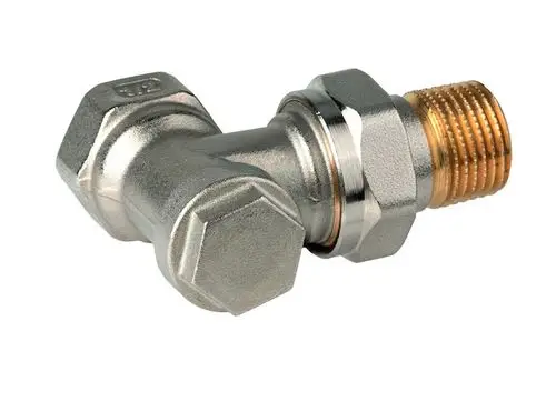 Rücklaufverschraubung aus vernickeltem Messing von Resideo, in Eckform mit Verbindungselementen für Rohrinstallationen.