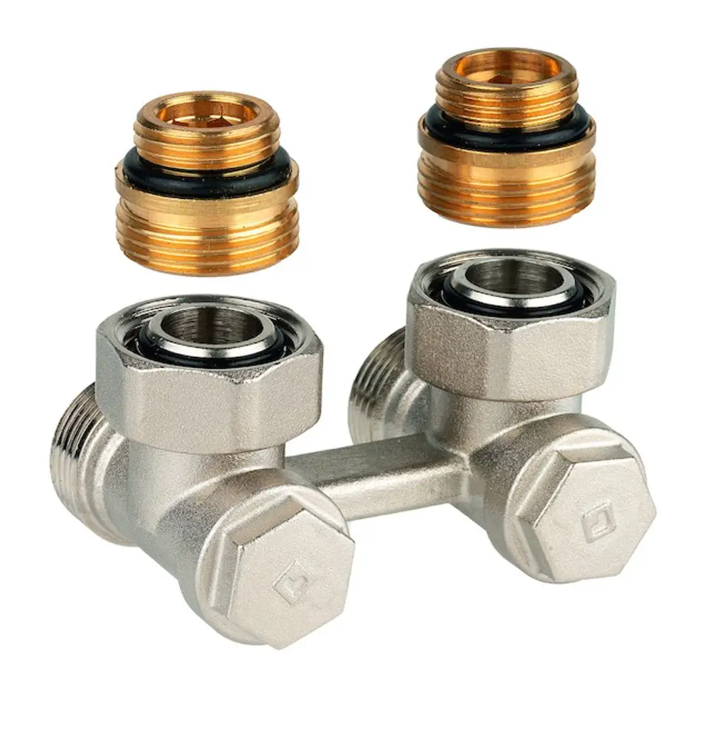 Zwei H-Verschraubungen aus metallischem Material mit jeweils zwei separaten Kupplungen und Dichtungen, hergestellt von Resideo.