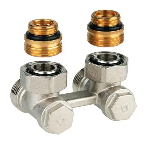 Zwei H-Verschraubungen aus metallischem Material mit jeweils zwei separaten Kupplungen und Dichtungen, hergestellt von Resideo.