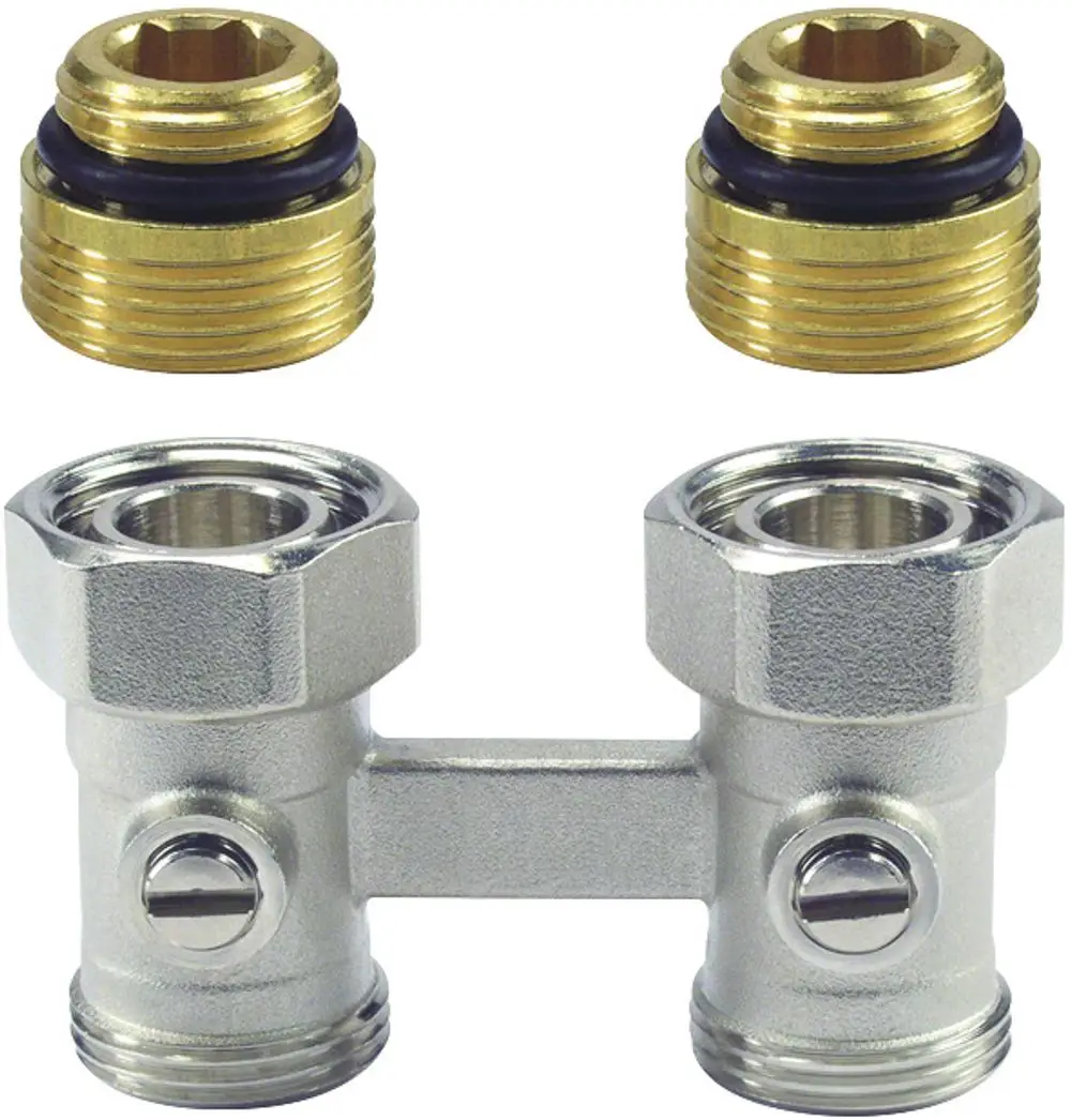 Metallische H-Verschraubung mit zwei Anschlüssen und Schraubmechanismus, gefertigt von Resideo. Enthält zwei Messing-Anschlussteile mit Dichtung.