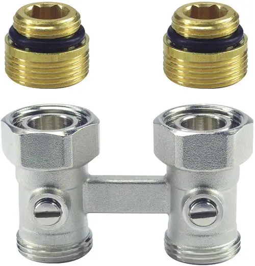 Metallische H-Verschraubung mit zwei Anschlüssen und Schraubmechanismus, gefertigt von Resideo. Enthält zwei Messing-Anschlussteile mit Dichtung.