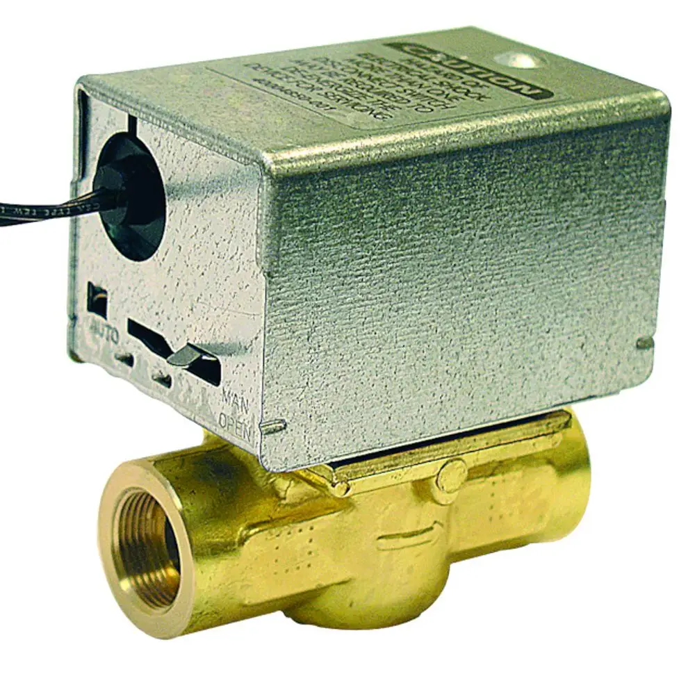 Vielstromventil in Messing mit einem elektrischen Antrieb, hergestellt von Resideo. Der Antrieb hat eine rechteckige Form und ist mit einem Kabel verbunden.