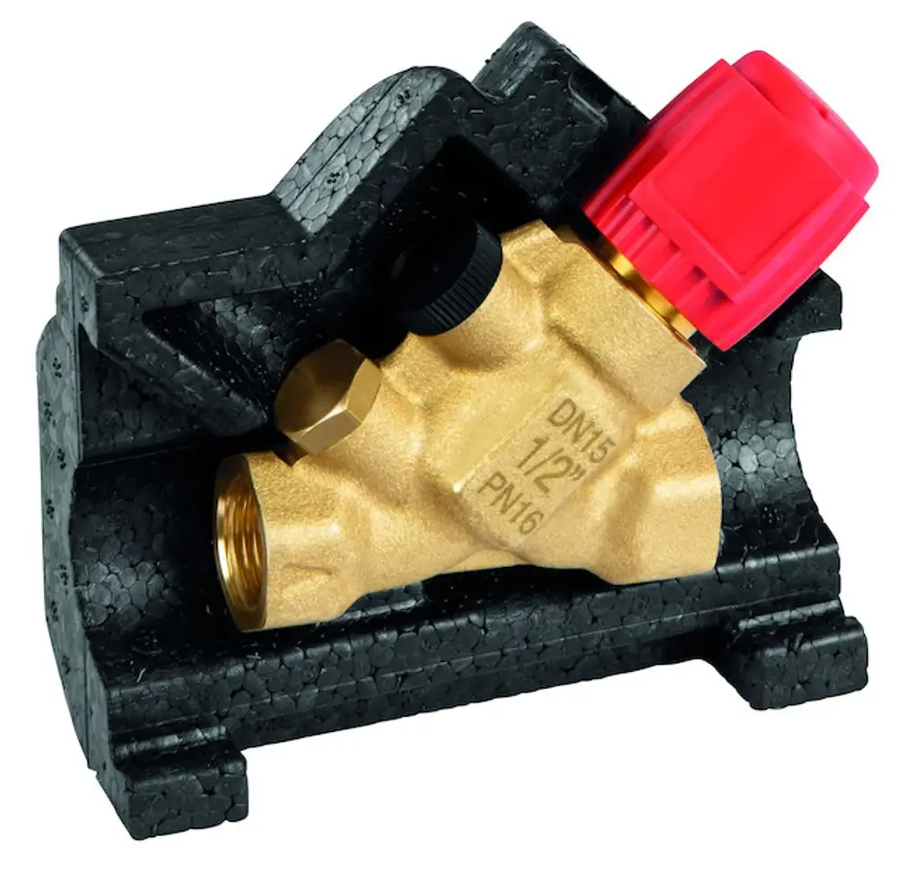 Bronze Strangabzweigventil mit rotem Regelknopf und schwarzem Isolierkörper, hergestellt von Resideo. Das Ventil ist für Rohrsysteme ausgelegt.