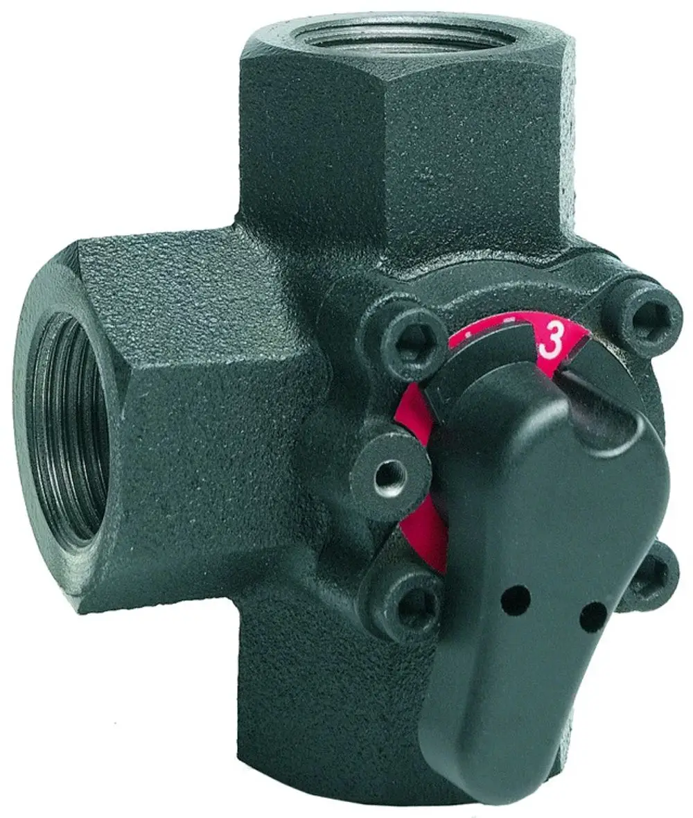 Dreiwege-Muffenmischer aus korrosionsbeständigem Material mit Schaltmechanismus, hergestellt von Resideo, zur Steuerung von Wasserflüssen in Heizungs- oder Kühlsystemen.