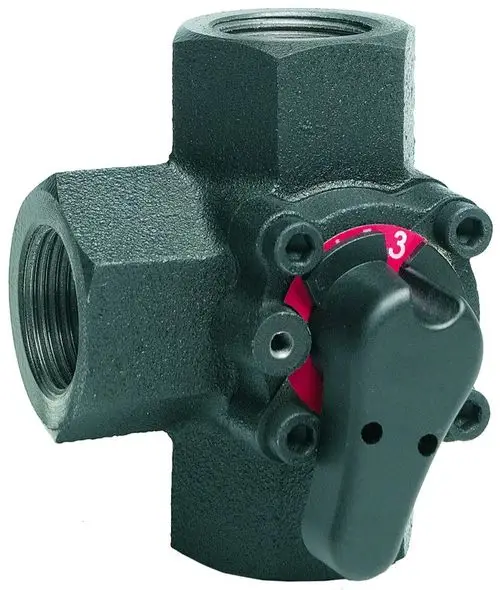 Dreiwege-Muffenmischer aus korrosionsbeständigem Material mit Schaltmechanismus, hergestellt von Resideo, zur Steuerung von Wasserflüssen in Heizungs- oder Kühlsystemen.