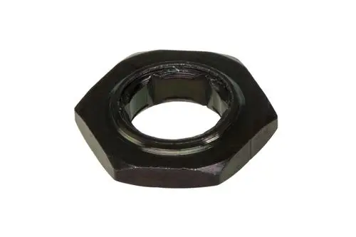 Schwarze sechseckige Mutter aus Metall, die als Verbindungselement in mechanischen Anwendungen dient, möglicherweise von Resideo.