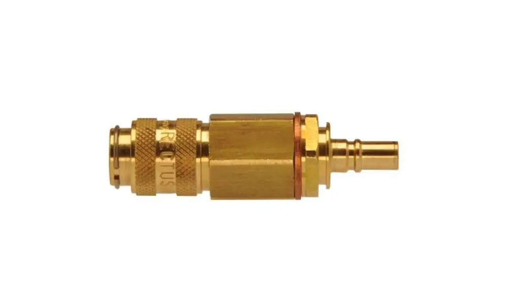 Goldfarbener Adapter von Resideo mit einem Anschluss und einer schmalen Verbindung, vermutlich für eine Dichtfunktion in Messgeräten.