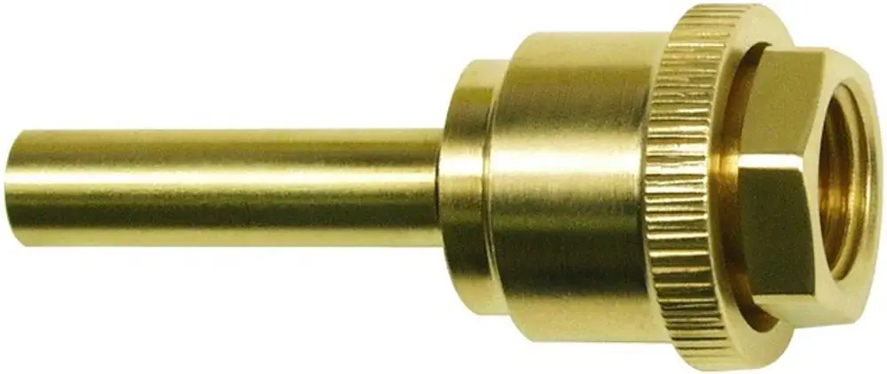 Goldfarbener Messingadapter mit einem schlanken Ansatz und einer gewindefreien Verbindung, geeignet für Resideo Produkte.