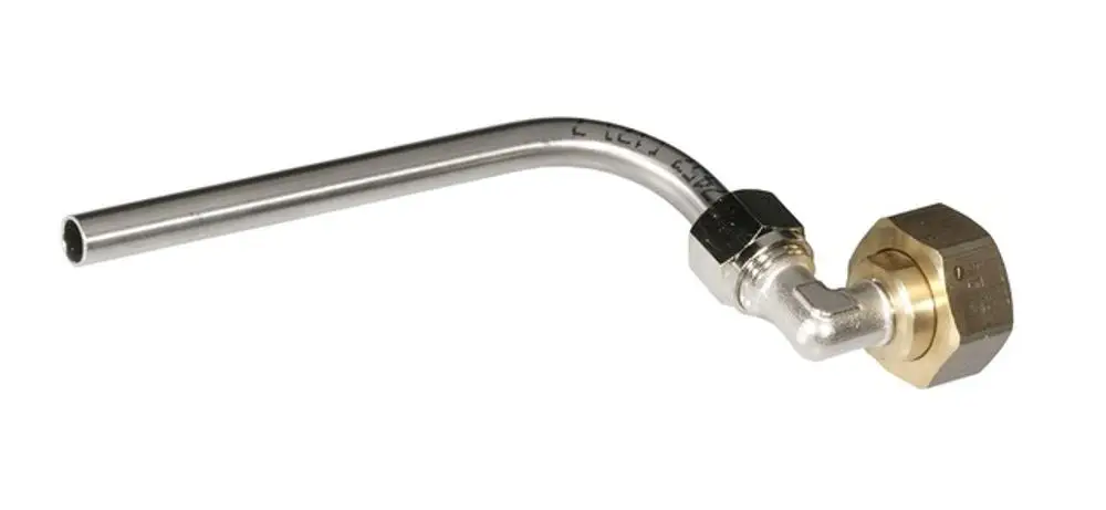 Probenahmeadapter aus Metall mit einem gebogenen Rohr und einer Verbindung, erzeugt von Resideo. Geeignet für industrielle Anwendungen zur Probennahme.