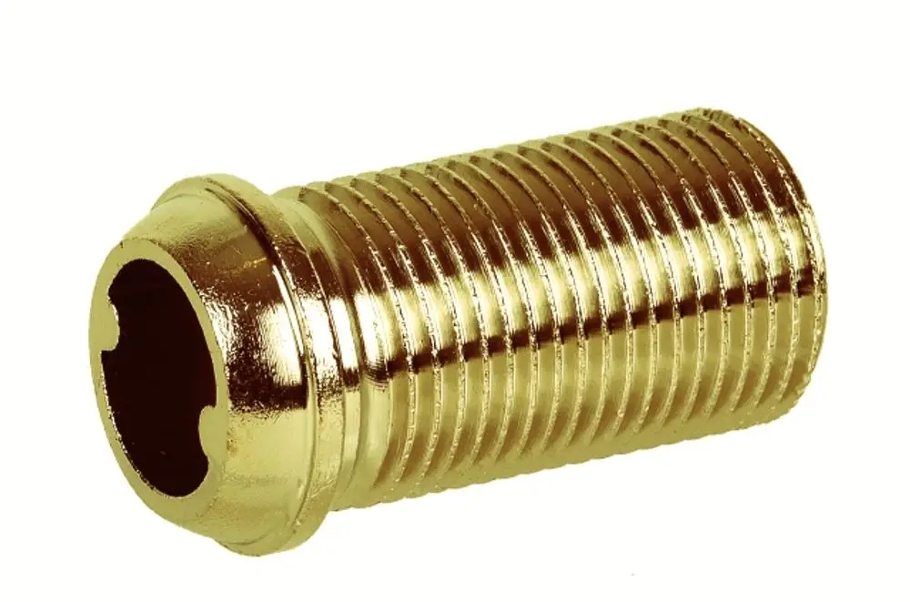 Zylindrische Messingtülle mit Innengewinde, golden glänzend, zur Montage in Rohrsystemen, Hersteller Resideo.