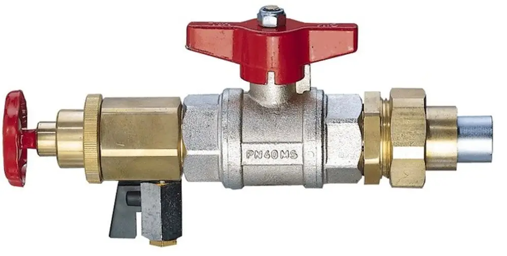 Montagegerät für Thermostatventilkörper von Resideo, mit einem rotierten Griff zur Steuerung des Durchflusses, aus Metall mit verschiedenen Anschlussmöglichkeiten.