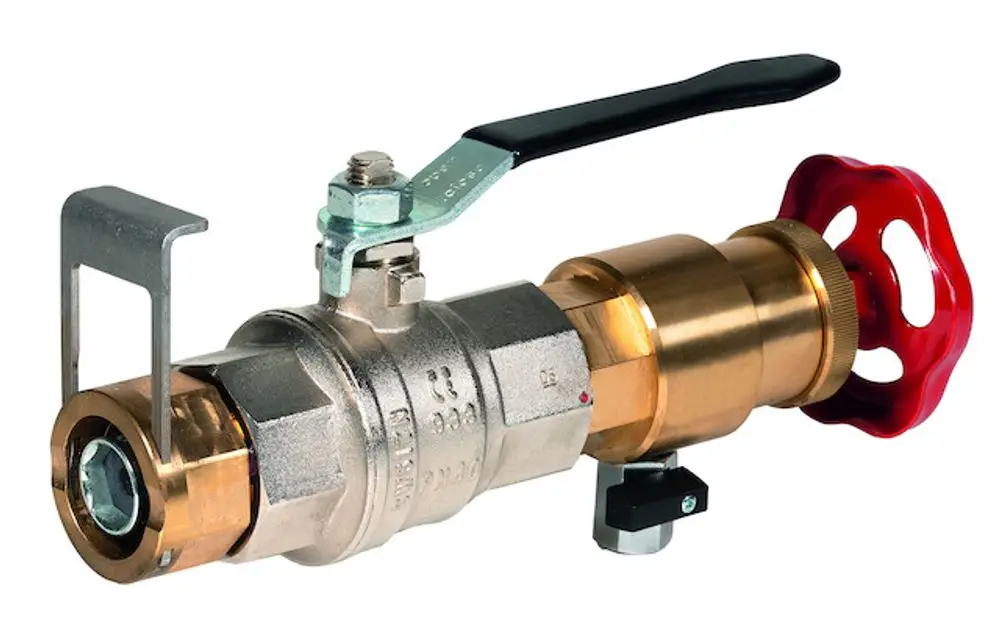 Montagegerät aus Metall für Thermostatventilkörper mit einem Hebel und einem Anschluss. Hersteller: Resideo.