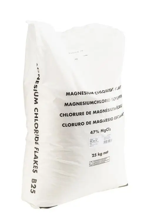 Weiße Verpackung mit schwarzem Druck, die Magnesiumchlorid enthält. Hinweis auf den Hersteller Resideo ist sichtbar. Die Gesamtmenge beträgt 25 kg.