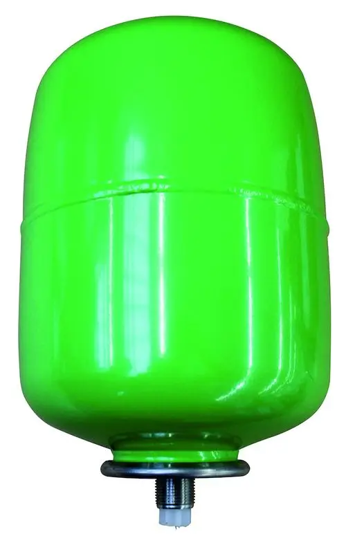 Grünes Ausdehnungsgefäß mit runder Oberseite und Gewindeanschluss, hergestellt von Resideo. Ideal für Sicherheitstrennstationen.