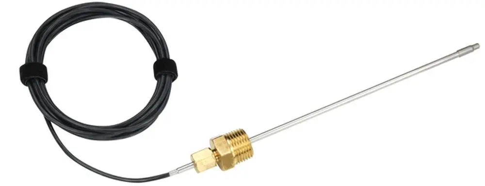 Temperaturfühler mit einem langen Sensor, abgedeckt mit einem schwarzen Kabel, geeignet für den Einsatz in feuchten Umgebungen, hergestellt von Resideo.
