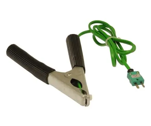 Temperatursensor mit Klemmzange und grünem Kabel, hergestellt von Resideo, zur Verwendung in Messcomputern.