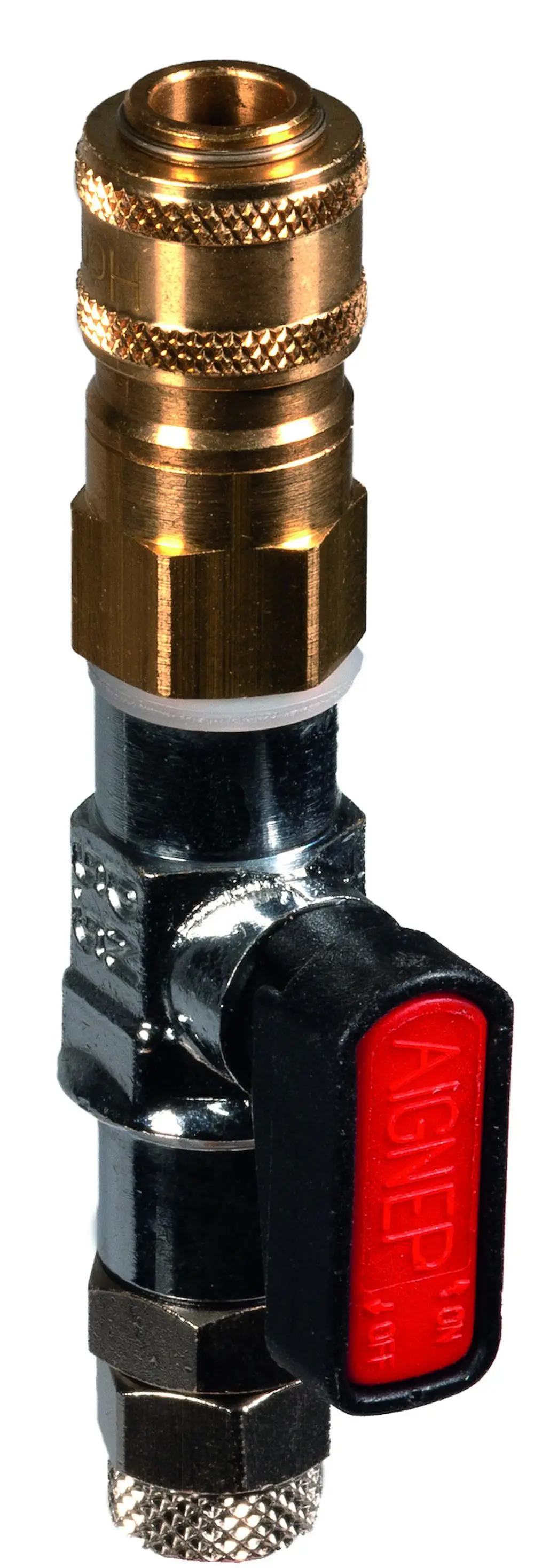 Stecker mit Kugelventil in roter Farbe, ausgestattet mit einem Anschluss und einer schwarzen Grifffläche, hergestellt von Resideo.