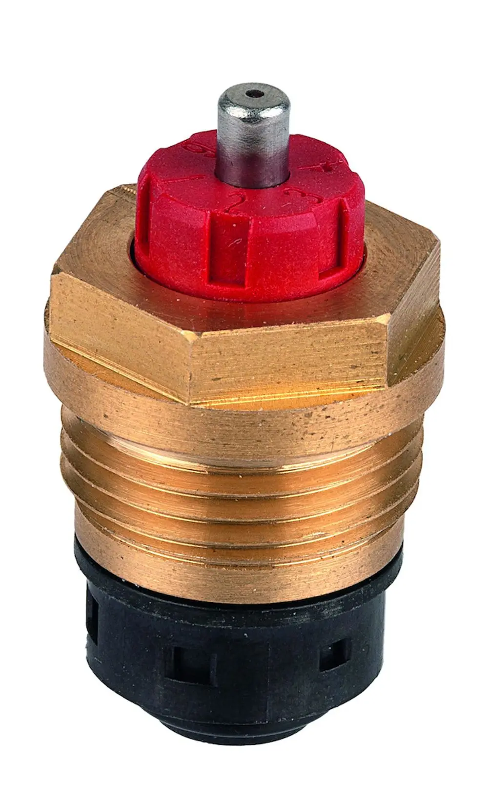 Thermostatventil-Element in roter und schwarzer Ausführung, mit messingfarbenem Gewinde, hergestellt von Resideo.