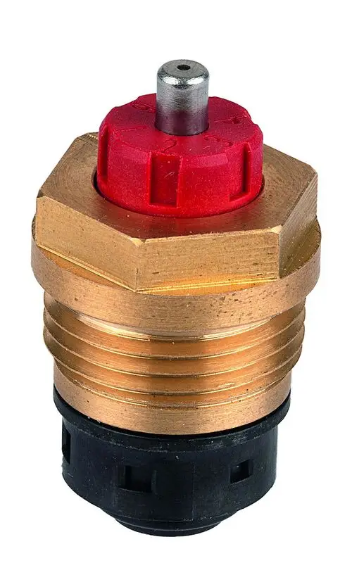 Thermostatventil-Element in roter und schwarzer Ausführung, mit messingfarbenem Gewinde, hergestellt von Resideo.
