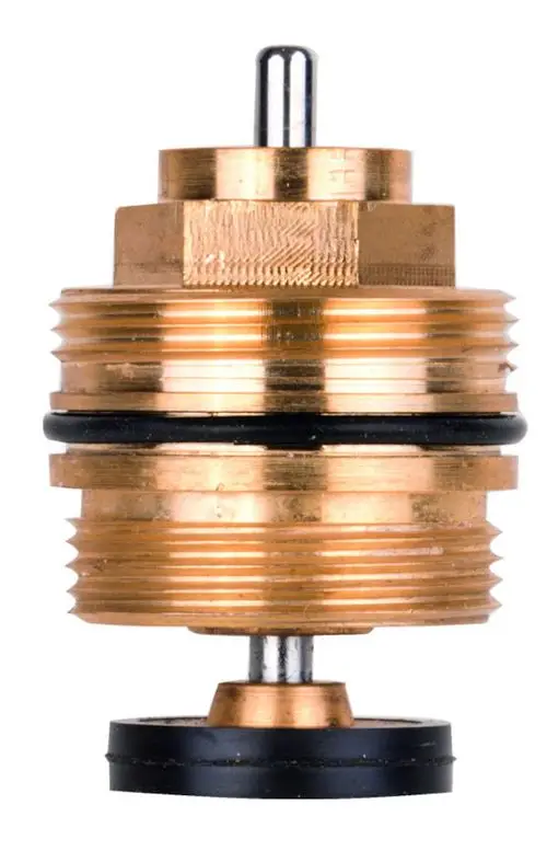 Ventileinsatz aus Metall mit schwarzen Dichtungen, geeignet für Thermostatventilkörper. Herstellersymbol von Resideo auf der Oberfläche sichtbar.