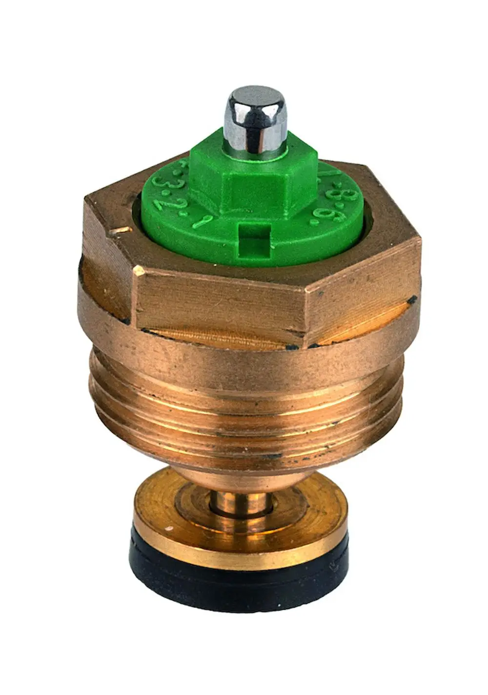 Ventileinsatz aus Metall mit grünem Kunststoffteil, geeignet für Thermostatventilkörper. Produkt von Resideo, zur Regulierung von Heizungsflüssigkeiten.