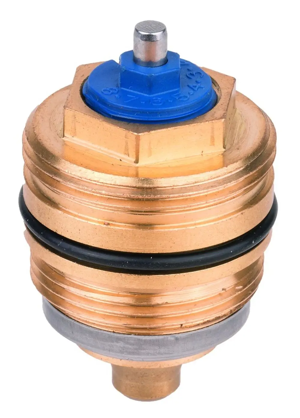 Austausch-Oberteil für Thermostatventile in goldener Farbgebung mit blauer Kappe und Gummidichtung, hergestellt von Resideo.