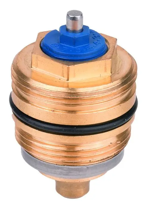 Austausch-Oberteil für Thermostatventile in goldener Farbgebung mit blauer Kappe und Gummidichtung, hergestellt von Resideo.