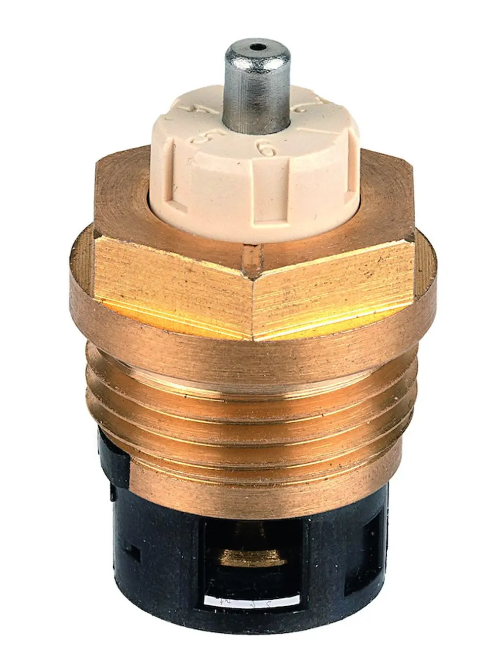 Resideo Ventileinsatz mit metallischem Gehäuse und einem regulierbaren Drehknopf zur Einstellung, geeignet für Thermostatventilkörper.