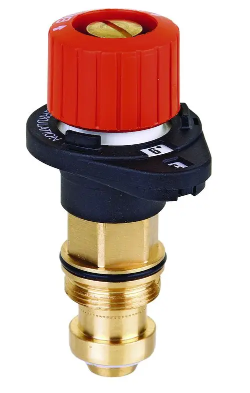 Ersatzoberteil mit rotem Einstellknopf, schwarz-gelber Kunststoffbasis und vernickeltem Metallanschluss. Produkt von Resideo, verwendet in speziellen Heizungsanwendungen.