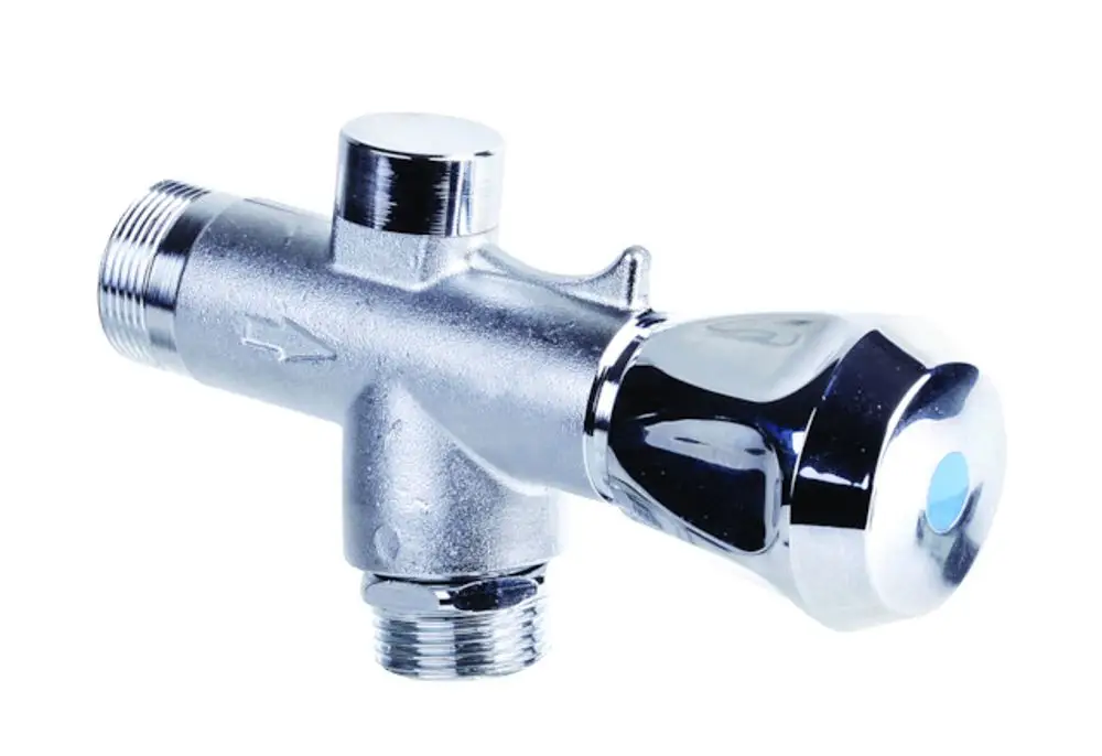 Frostsichere Außenarmatur von Resideo mit verchromter Bedieneinheit, bestehend aus einem Hauptkörper und einem Griff für die Wasserregulierung.