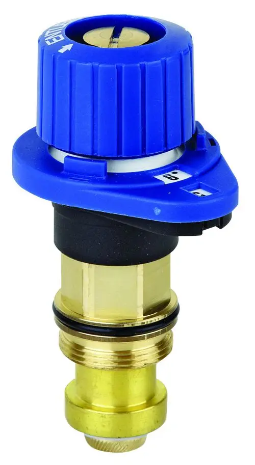 Austausch-Oberteil in Blau mit Drehknopf und einer metallischen Basis, hergestellt von Resideo, zur Regulierung der Durchflussmenge in entsprechenden Heizsystemen.