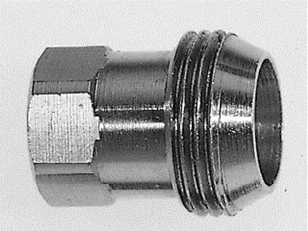 Metallisches Bauteil mit sechseckigem Ende und Innengewinde, möglicherweise Teil eines thermischen Systems, angeblich von der Marke Resideo.
